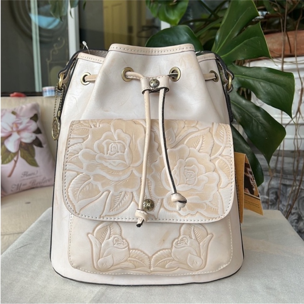 Patricia Nash Cream Embossed Floral Leather Drawstring Shoulder Bag